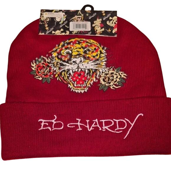 NWT Ed Hardy 2 pk Y2K Hat Beanie Screaming Tiger & Rhinestone Grey Maroon - Picture 6 of 9